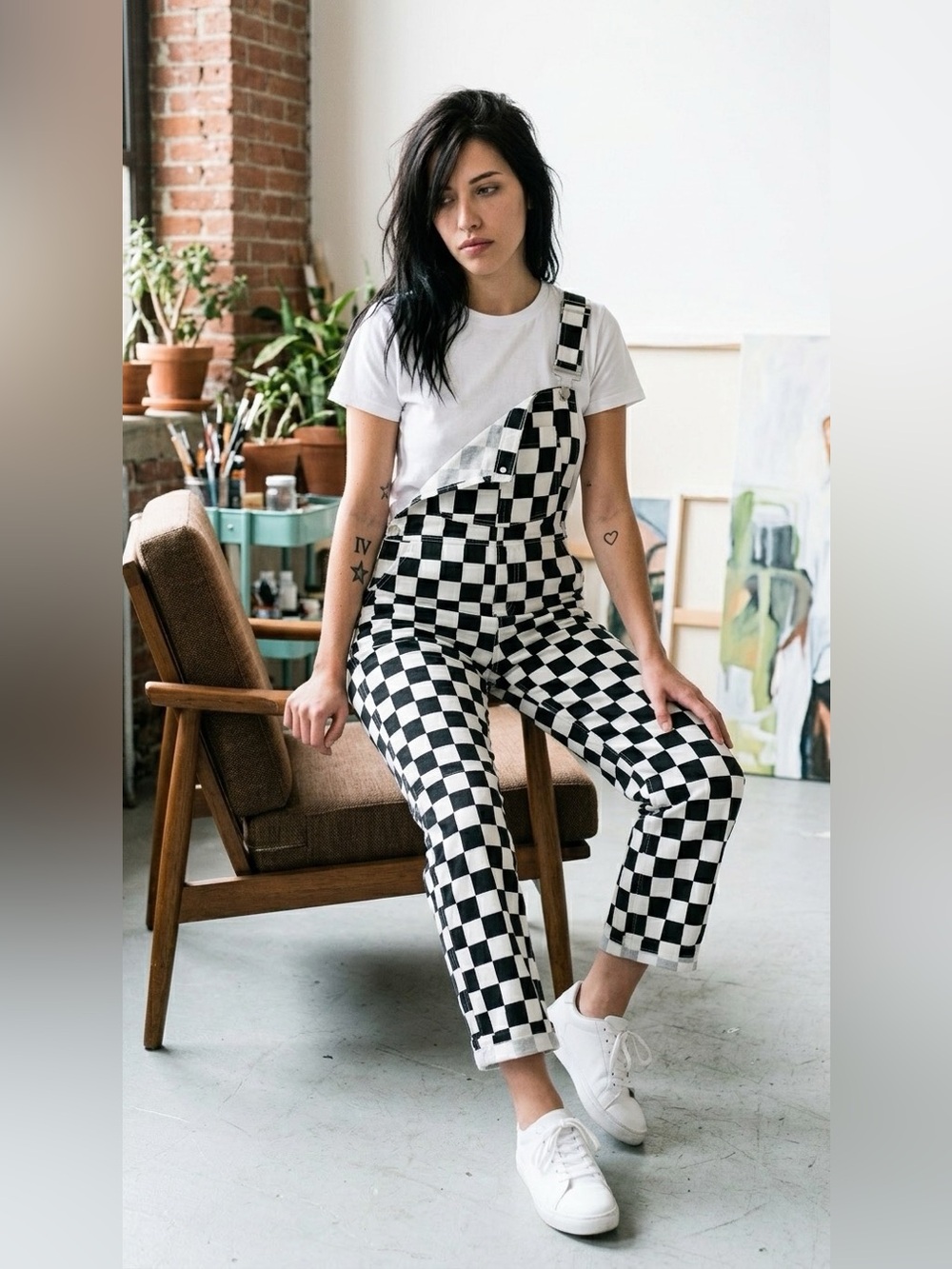 Black White Checkered Denim Overalls Size XL Race Day Festival Streetwear